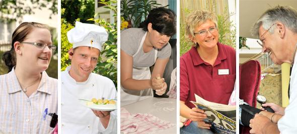 Collage mit fünf Szenen: Mitarbeiterin, Koch, Teigbearbeitung, Mitarbeiterin mit Namensschild, Blutdruckmessung
